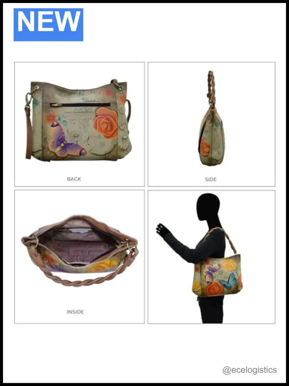 Handmade Leather Slim Shoulder Bag Satchel Purse - Floral Artwork